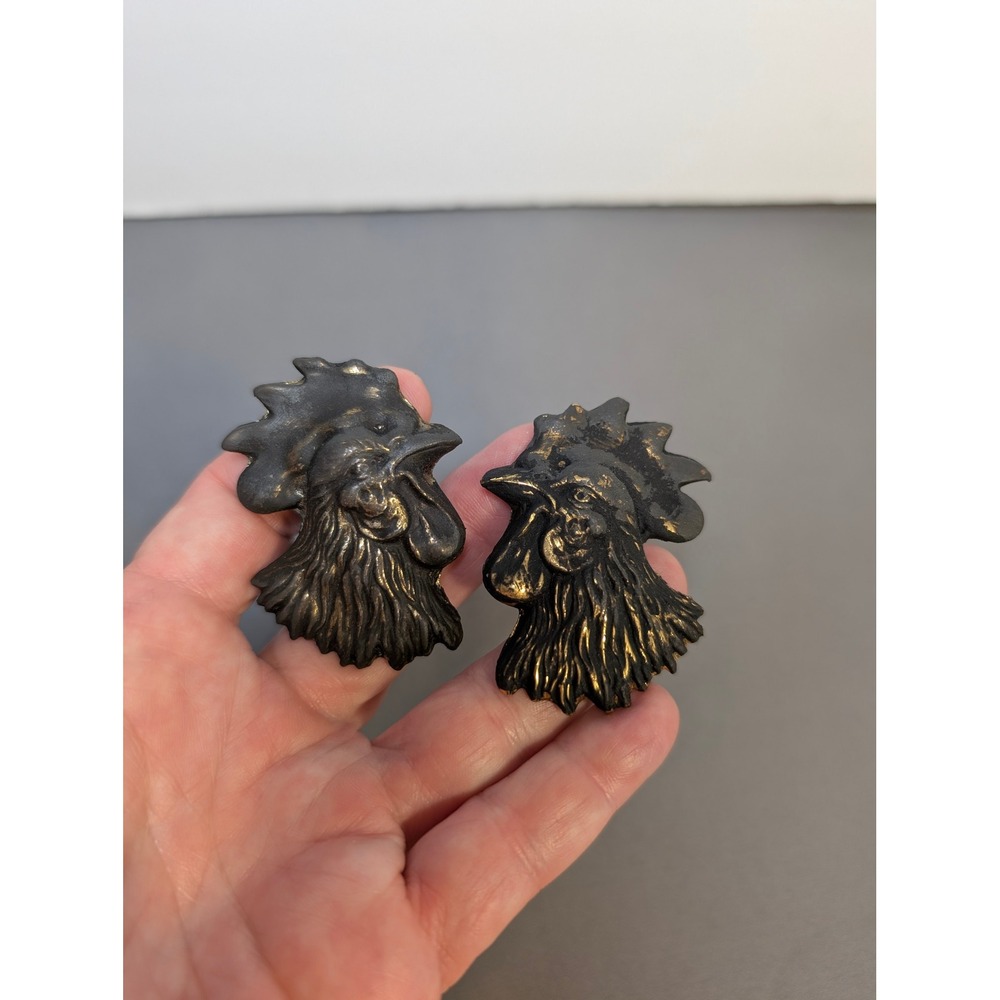 Vintage Style Rooster Head Drawer Pulls Cabinet Knobs Black Gold Pair Farmhouse